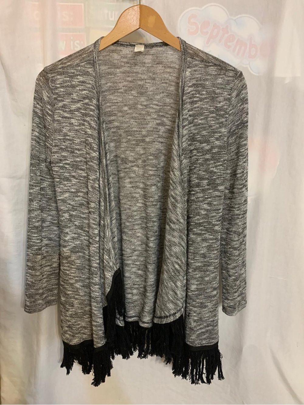 Gray Open-Front Fringe Trim Cardigan Sweater - Women